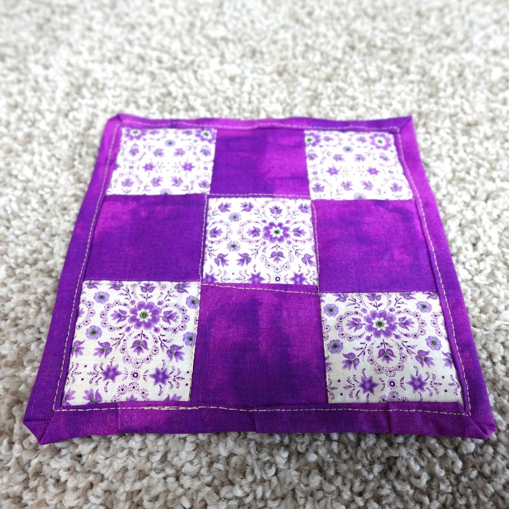 Handmade Quilted Purple Floral 9 Patch Mug Rug Cotton Coaster 6x6 Inch